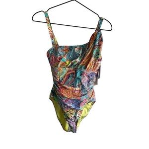 New! Bleu Rod Beattie‎ One Shoulder Boho Paradise Swim Suit